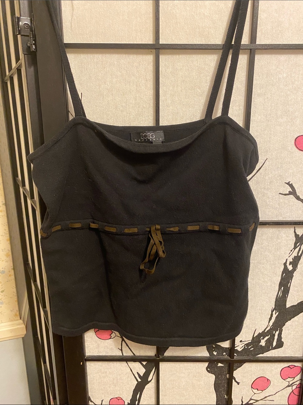 BCBG Black Camisole with Olive Trim and Front Tie